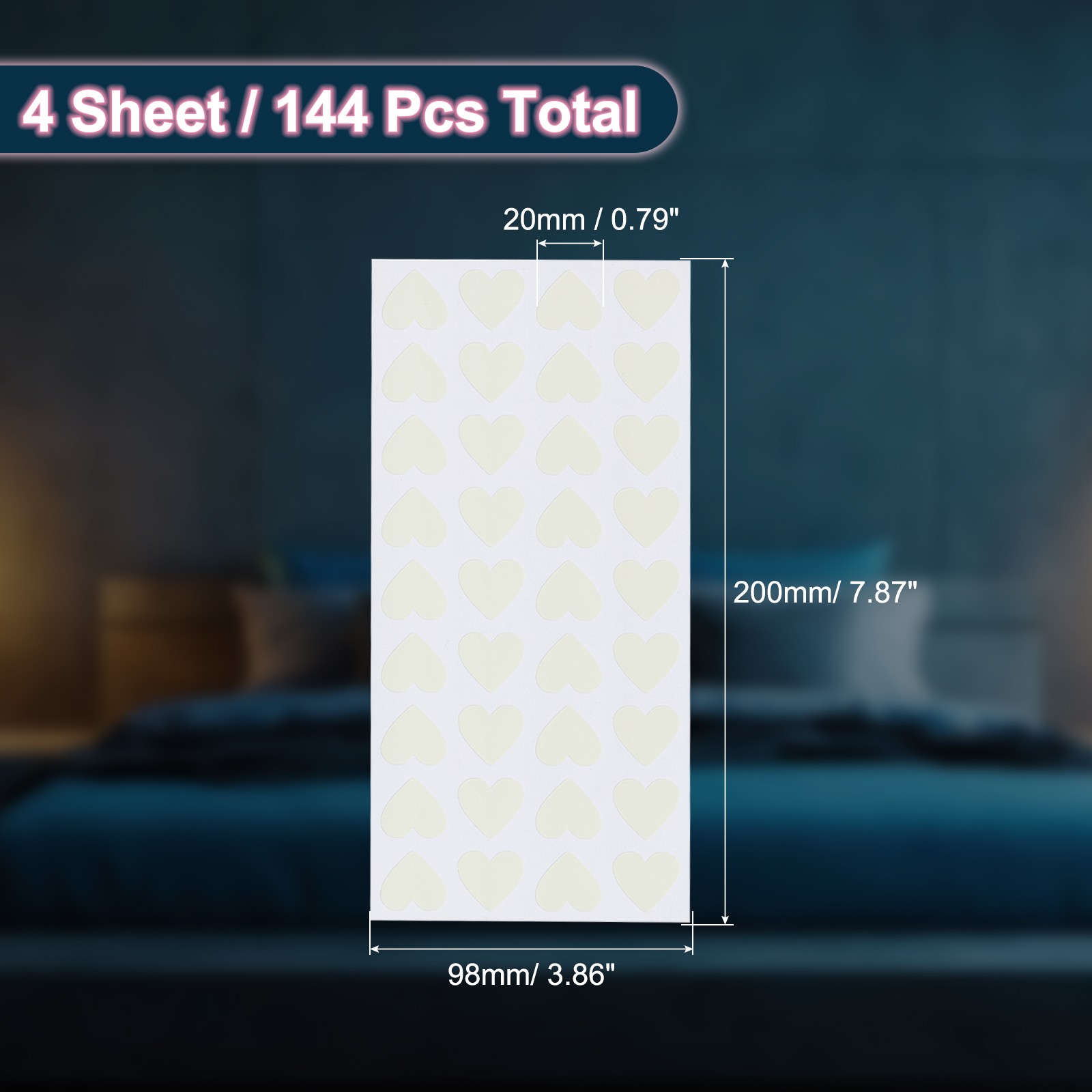 144 Pcs Glow in the Dark Heart Stickers, Heart Luminous Decor, Blue