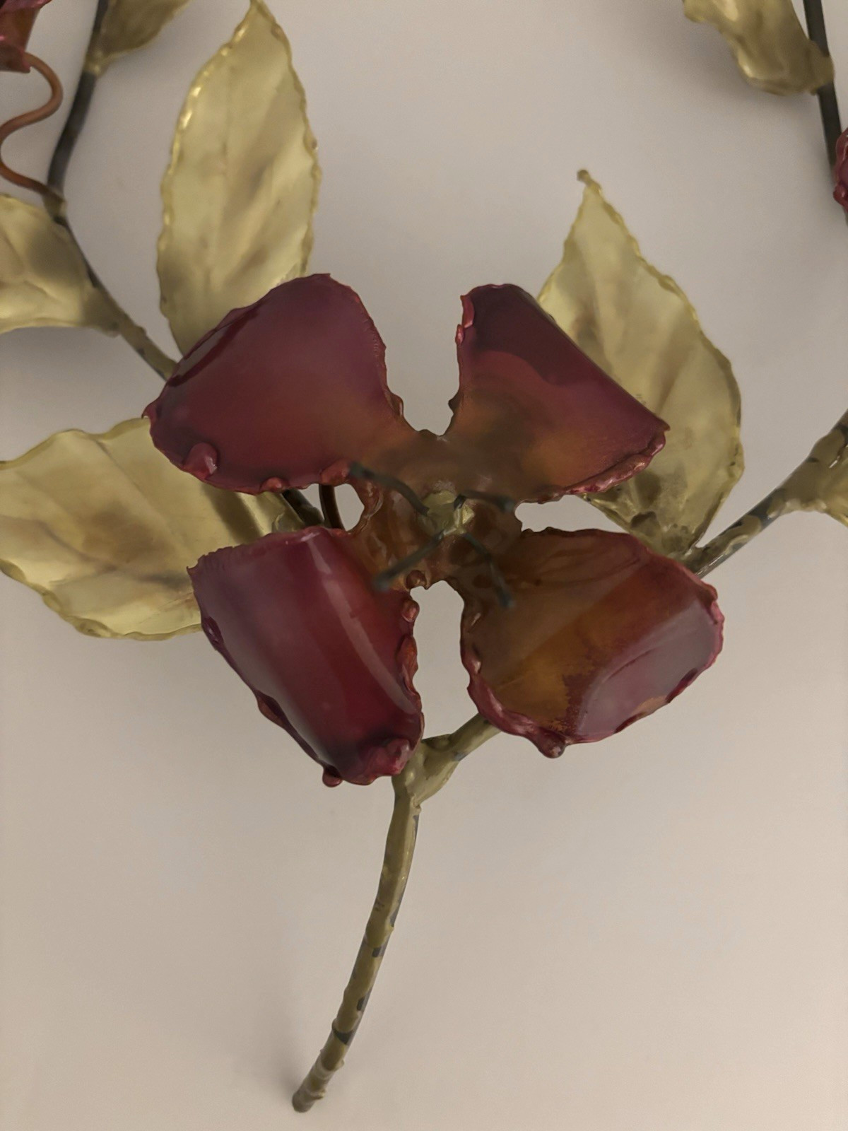 Wall Art Scupture/Enamel Metal Leaves & Branches W/Flowers 18"H x 16"W