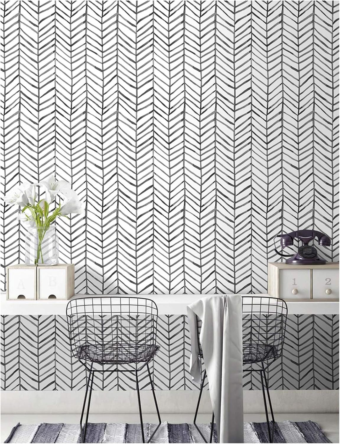 Peel Stick Accent Wallpaper Herringbone Black White Vinyl Removable Modern Chic