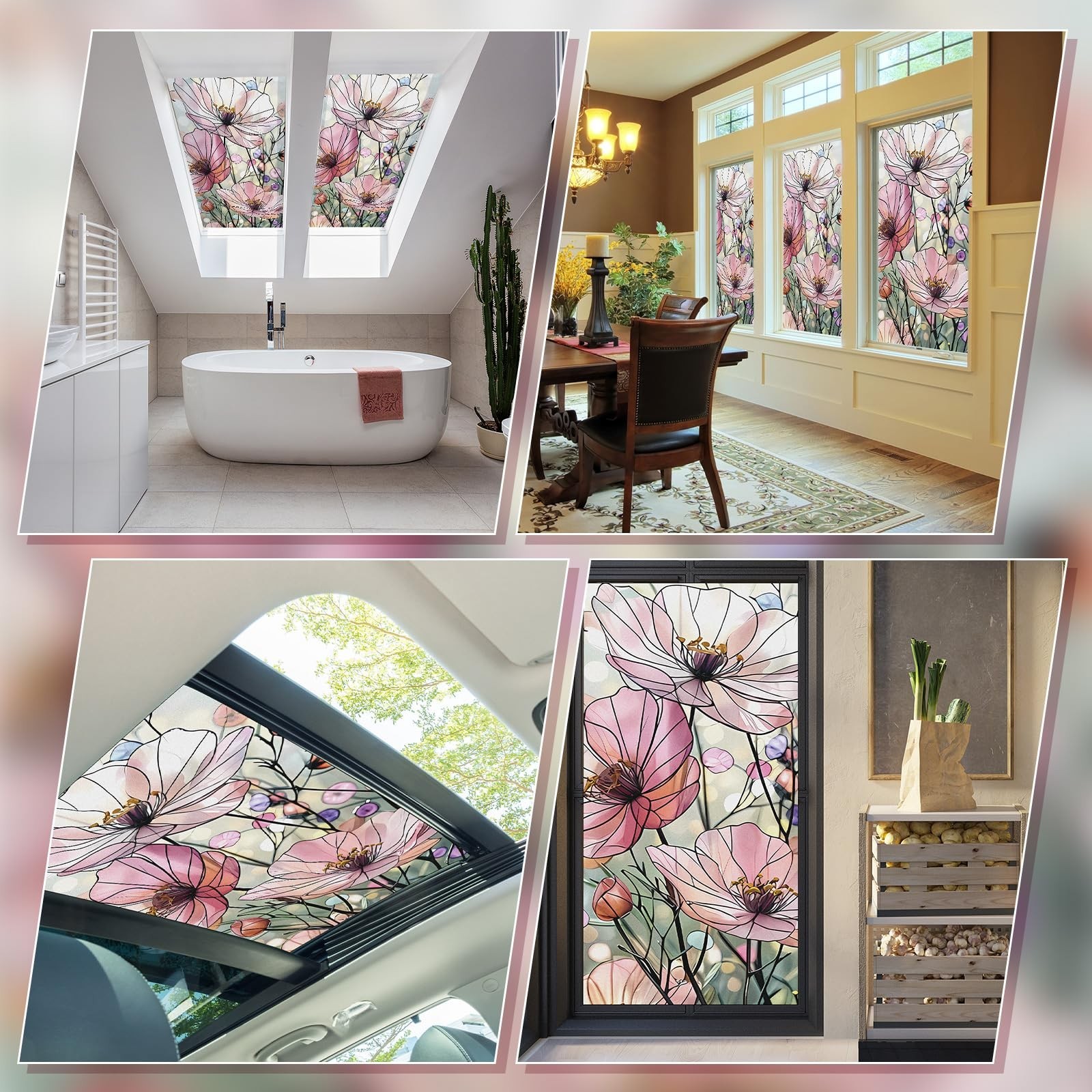 23. 6 x 35. 4 Inch Pink Poppy Glass Window Film Decorative Large Floral Non A…