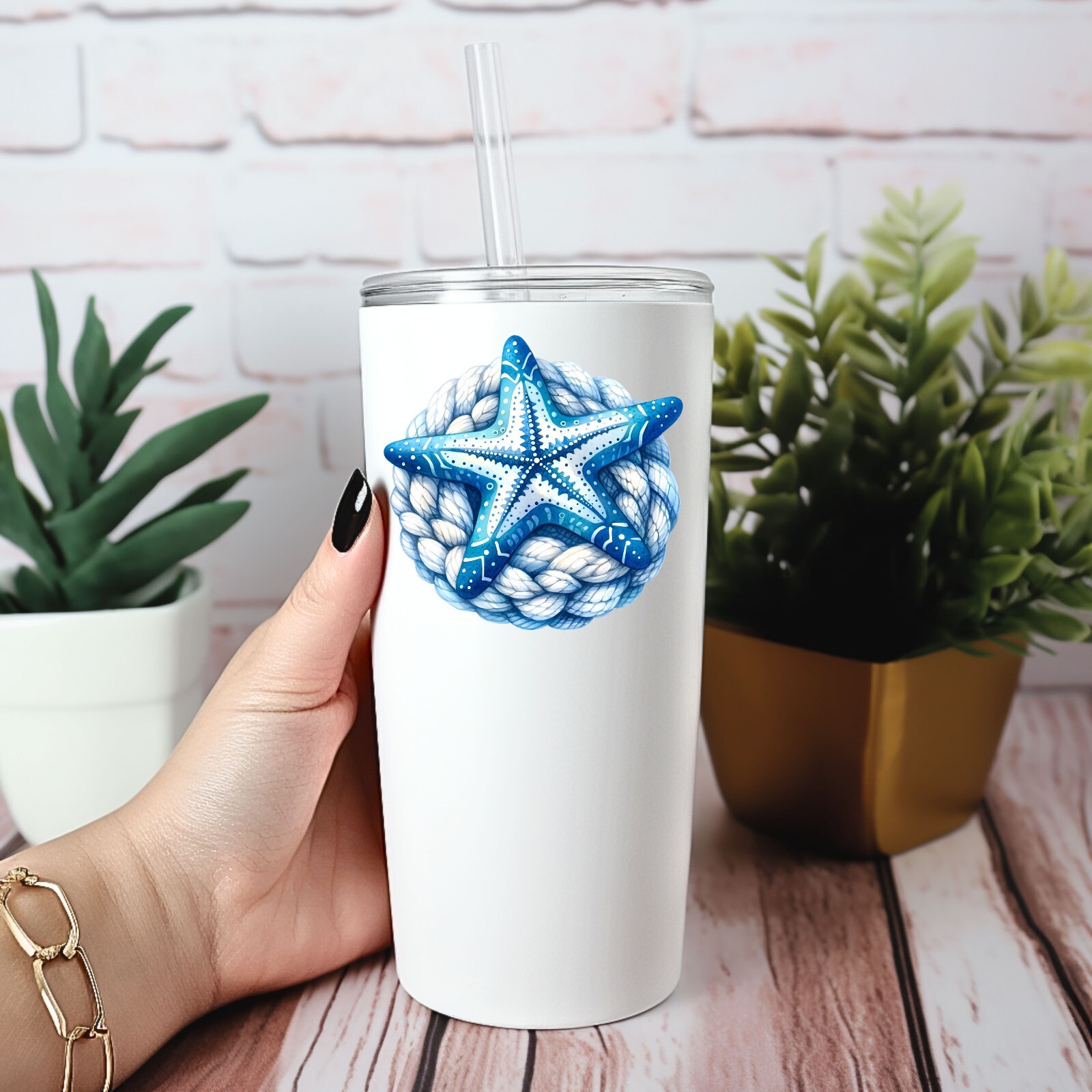 Blue and White Starfish and Rope Transparent Sticker / Decal