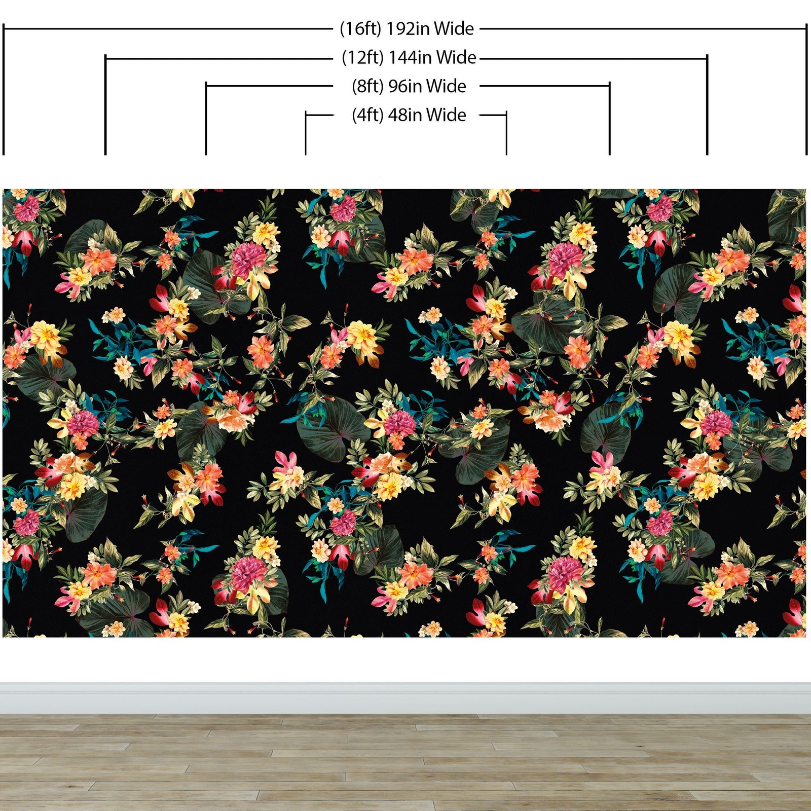 Tropical Flower Wall Mural. Paradise Botanical Flowers and Leave Black Backgroun