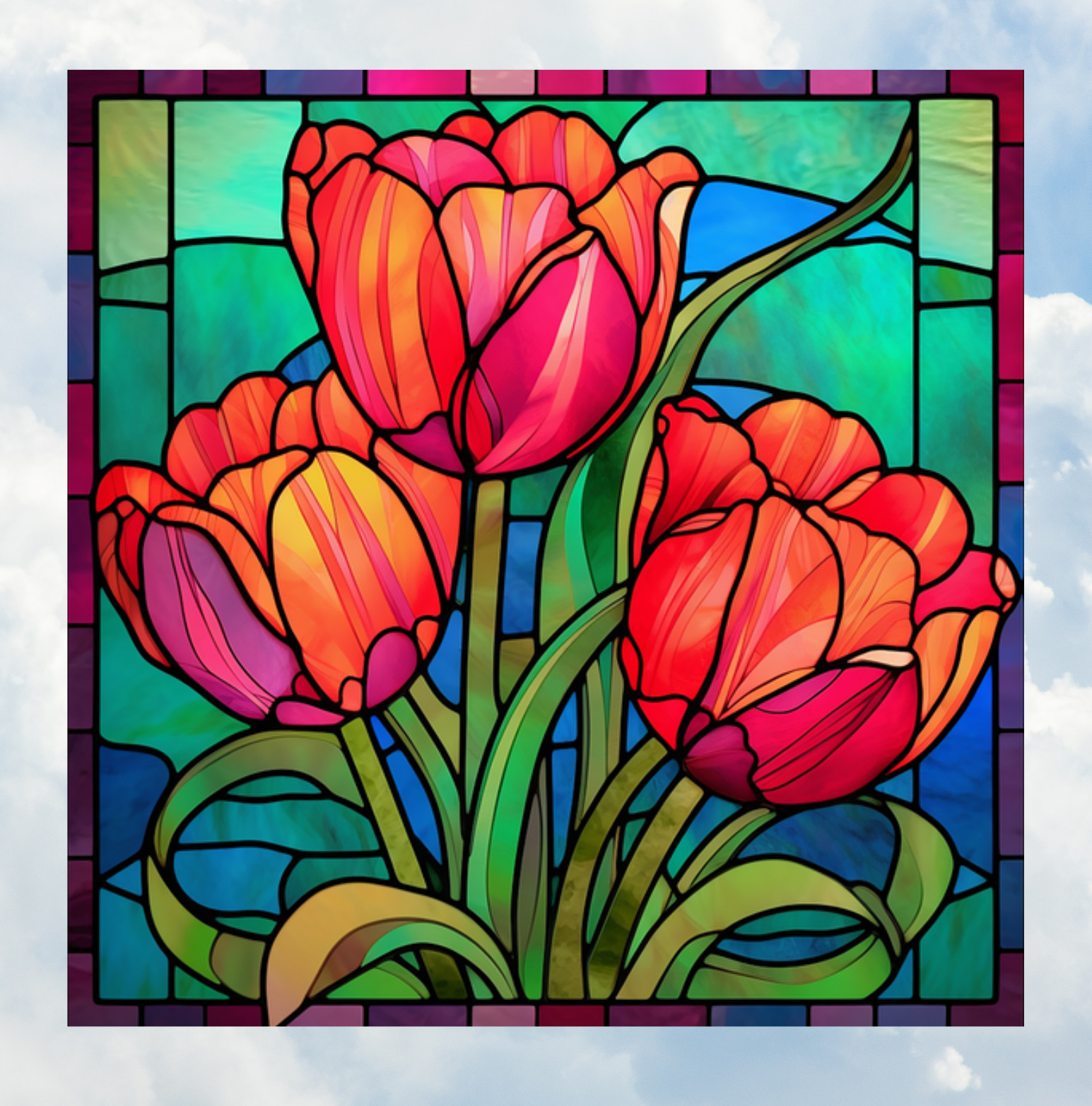 Red Tulip Flowers Faux Stained-Glass WINDOW CLING Size 8" Square Vinyl