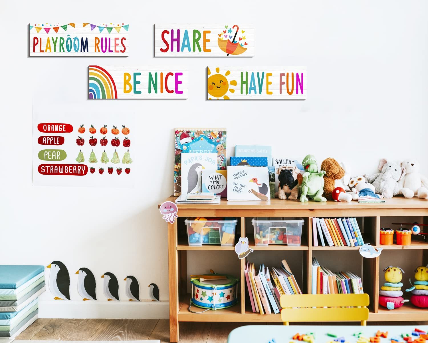 Playroom Sign Kids Wall Decor 4Pcs Rules Quotes Be Nice Share Have Fun Wooden