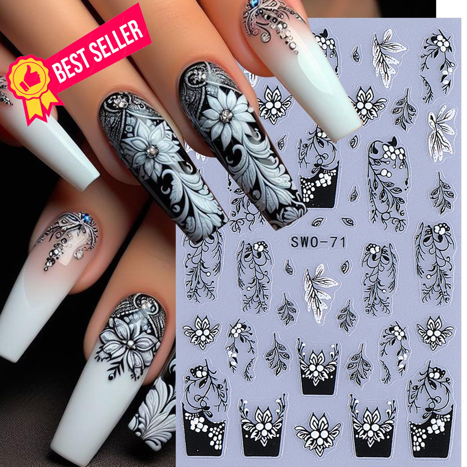 Lace Flower Nail Art Stickers 6 Sheets Black 2.56 x 4 x 0.04 inches, Colorful