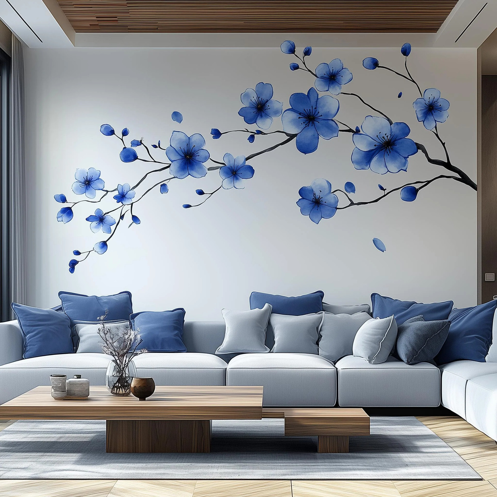 Blue Flower Branch Wall Decal | Large Sakura Floral Vinyl Sticker