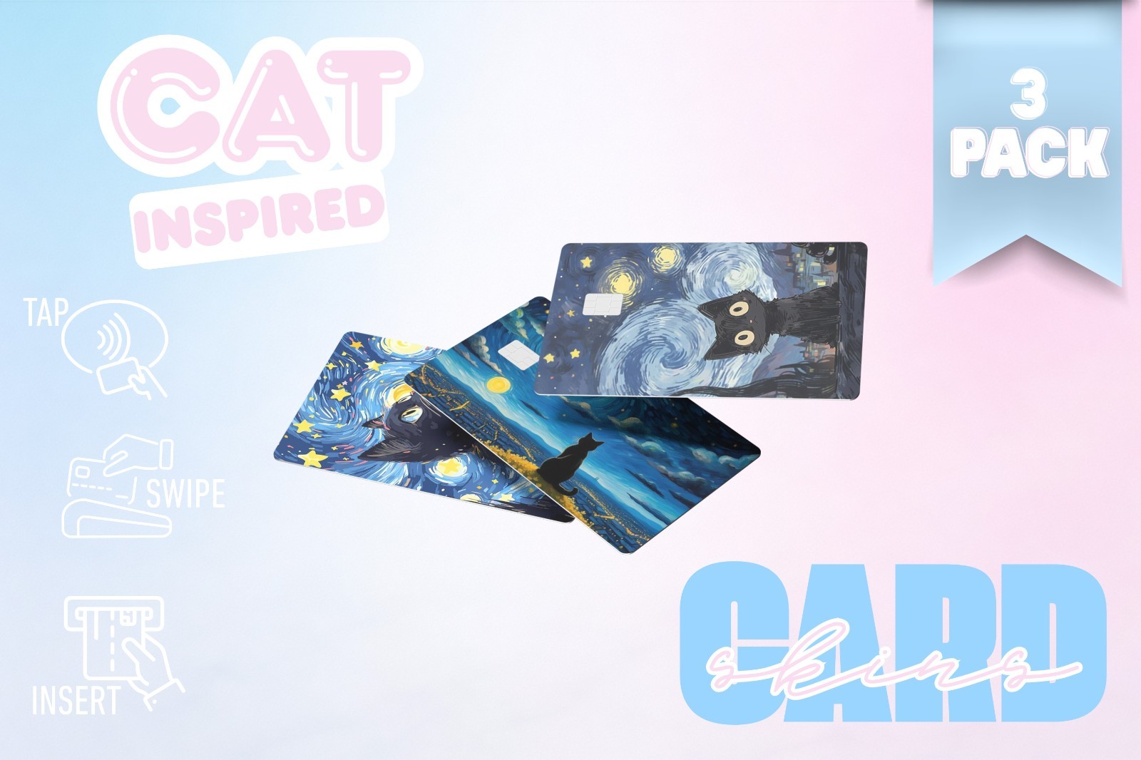 3‑Pack Cute Black Cat Card Skins – Vinyl Credit & Debit Card Covers | Durable