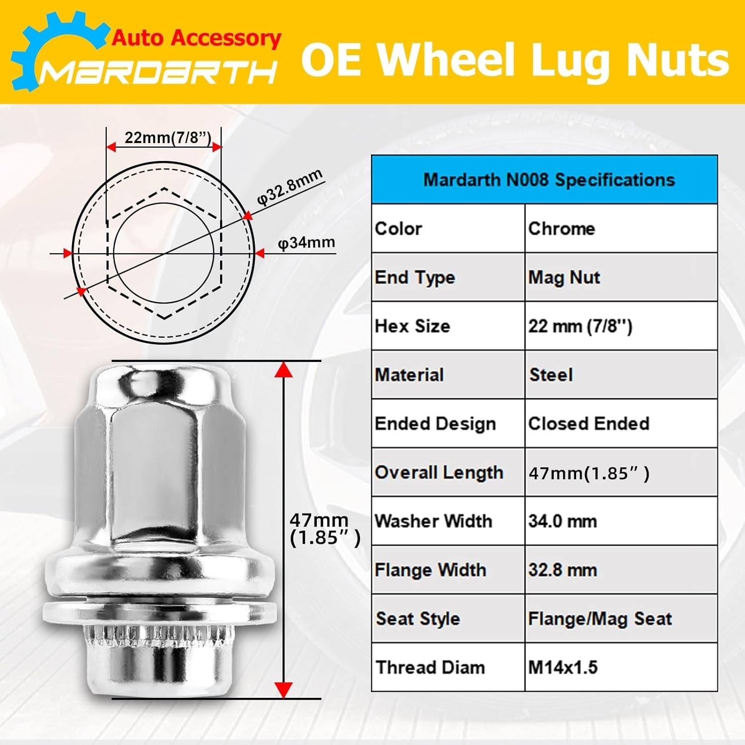Set of 20, 14X1.5Mm OEM Style Factory 1.80 Inch 7/8 22Mm Hex Mag Washer Lug Nuts