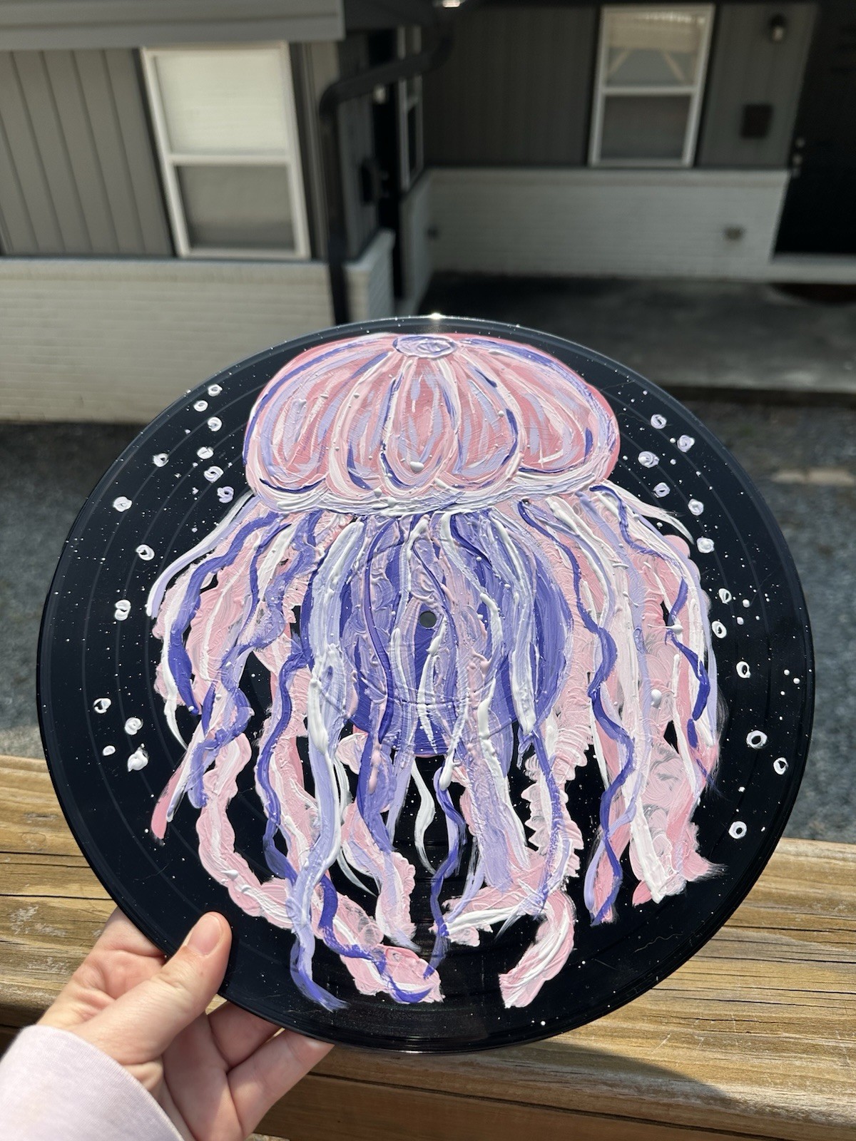 Painted upcycled vinyl record Black with Pink Purple White Jellyfish Design
