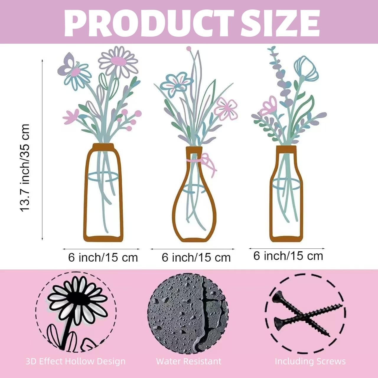 3 PCS Metal Flower Wall Art, 5.1 X 2.1 Inch Iron Vase Wall Decor, Wall Decals…