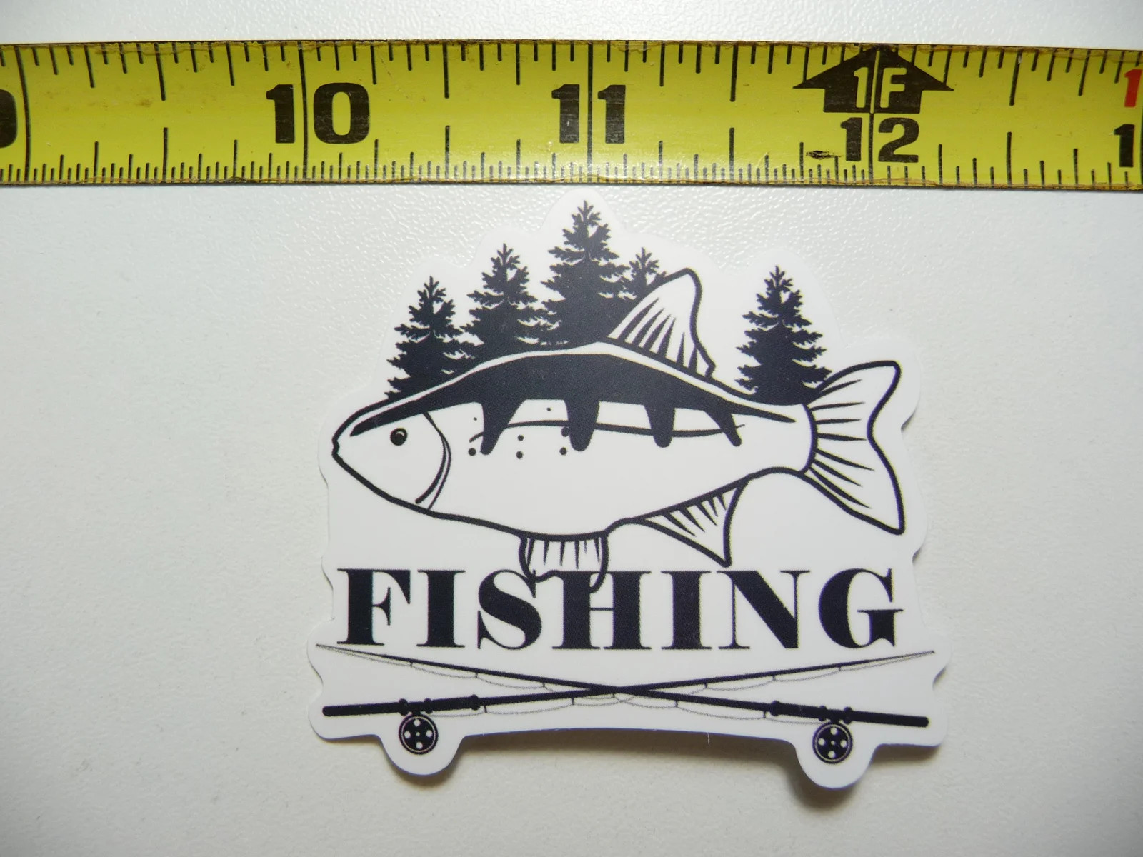 FUN FISHING TREES FISH CROSSED ROD REEL SMALL STICKER DECAL OUTDOORS BOATING