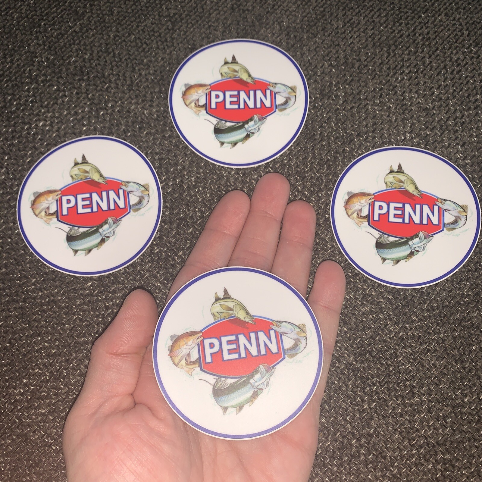 LOT OF 4 Rare 3” PENN Reels STICKER Logo w/ 4 Fish BLUE BORDER Fishing