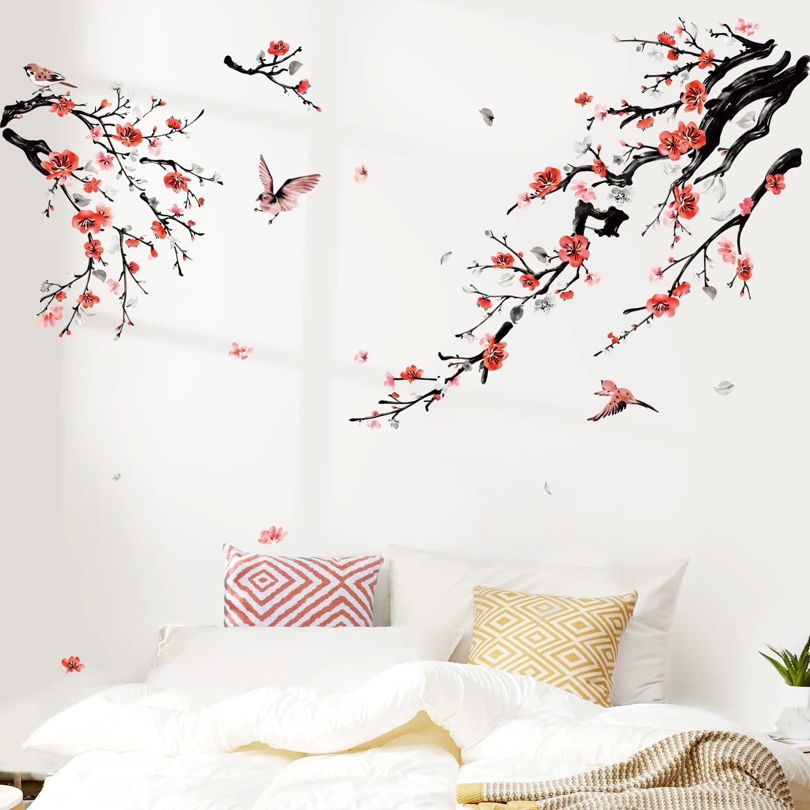 wondever Watercolor Flower Tree Branch Wall Stickers Blossom Red Floral Birds…