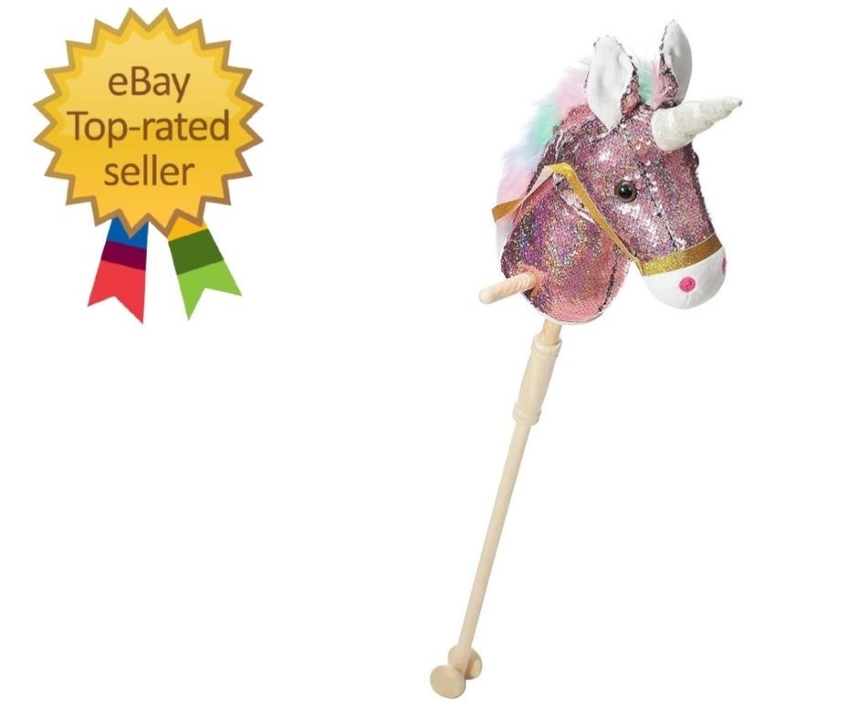 Sequin Unicorn Stick Horse Handcrafted Hobby Horse on a Stick with Wood Wheels R