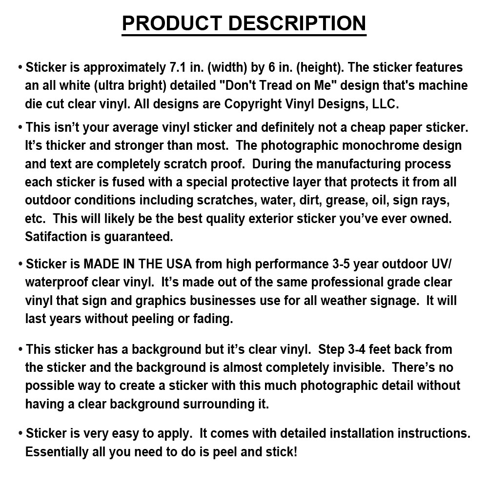 DON'T TREAD ON ME CLEAR VINYL DECAL STICKER FOR CAR OR TRUCK WINDOW,GADSDEN FLAG