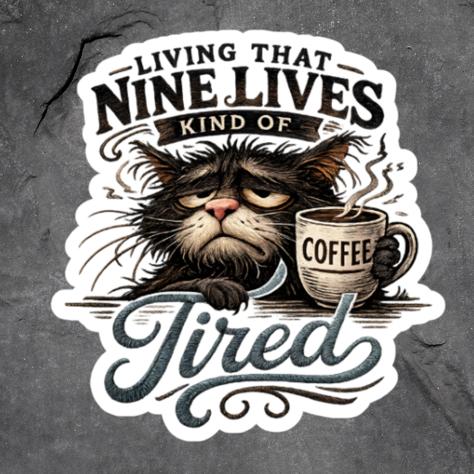 Funny Tired Cat Coffee Sticker Vinyl Decal Sleepy Cat Lover Gift Humor
