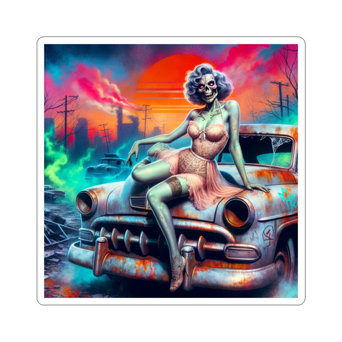 Sticker Post Apocalyptic Pin Up Ghoul 2×2 3×3 4×4 6×6 Classic Car Zombie Girl