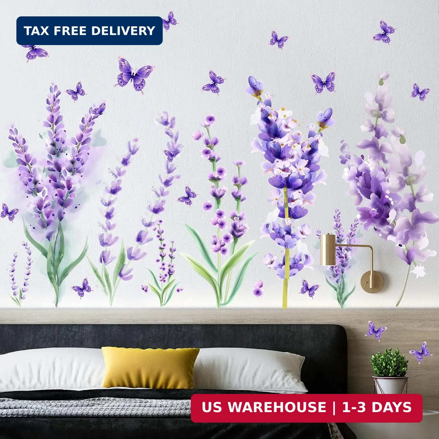 Removable Purple Lavender Wall Decals Purple Flowers Butterfly Wall Stickers DIY