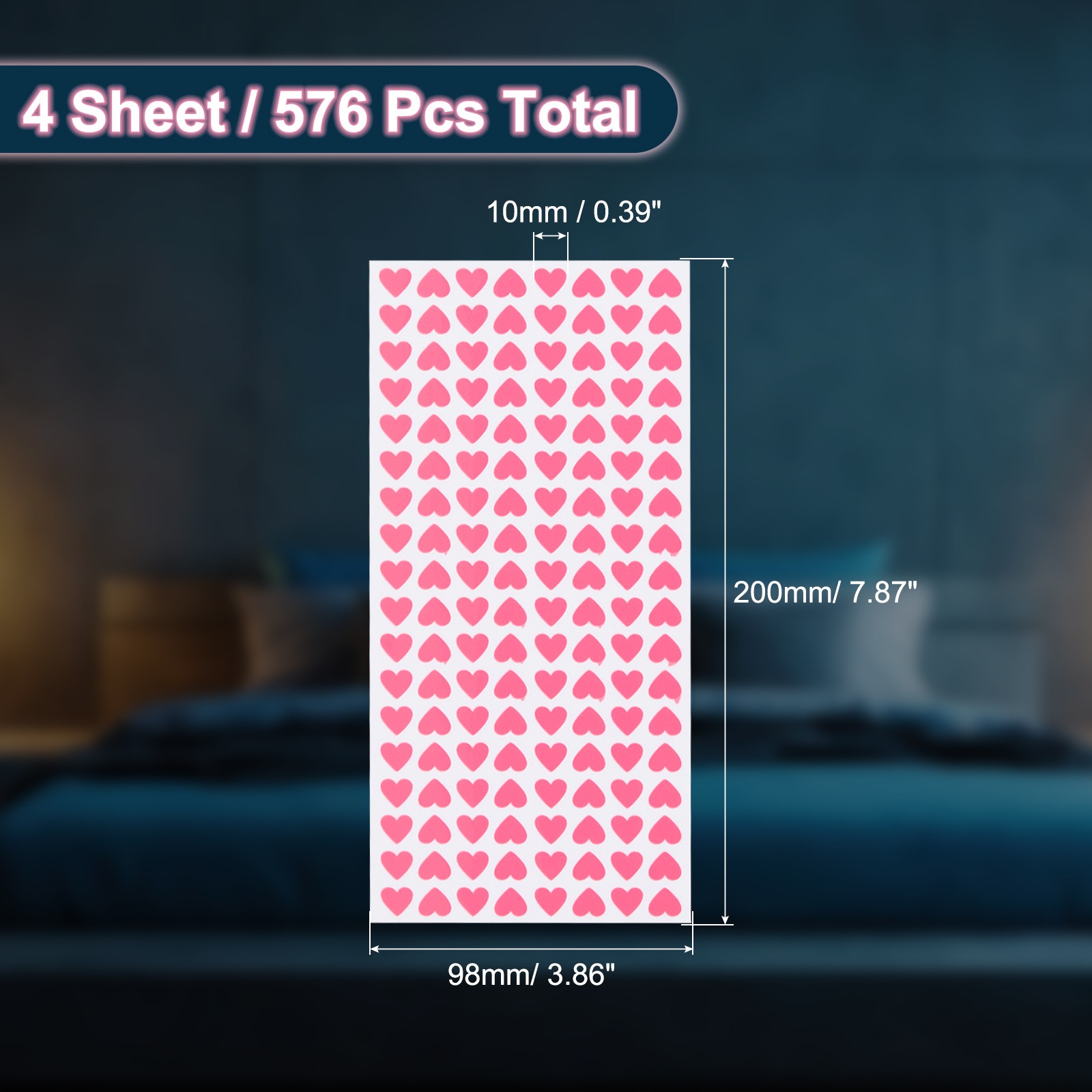 576 Pcs Glow in the Dark Heart Stickers, Heart Luminous Decor, Pink