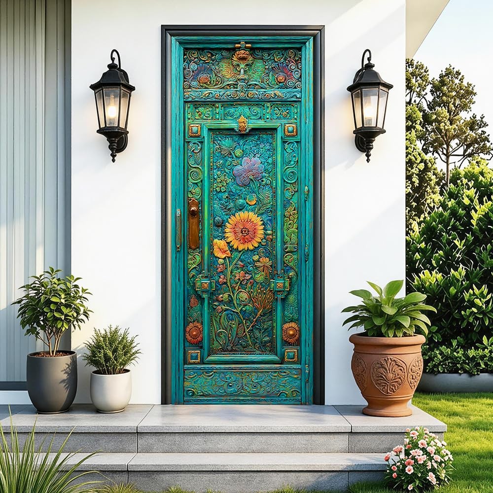 Cmialusie Peel and Stick Door Wallpaper 30.31 x 78.74 Inch Turquoise Floral V…