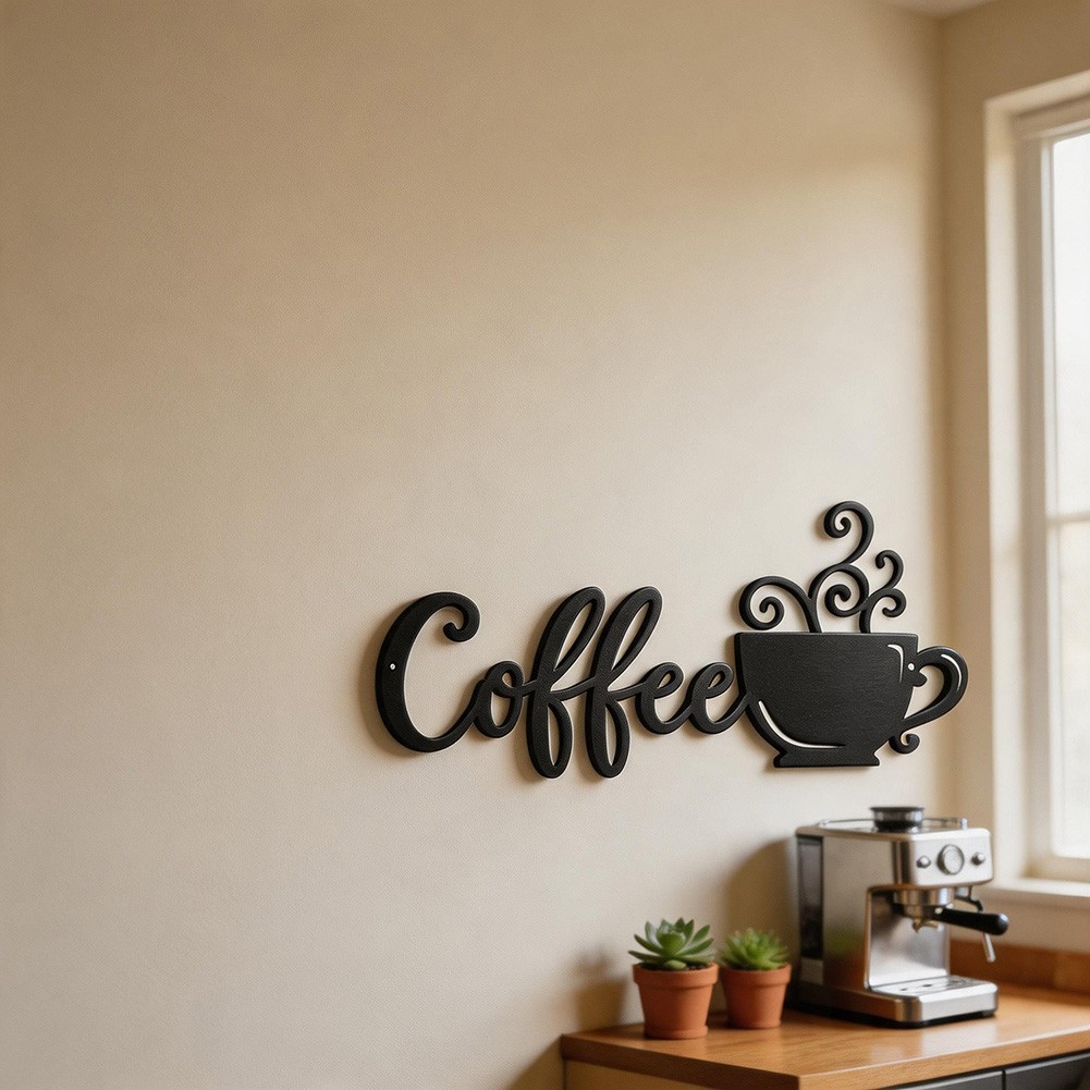 Contemporary Coffee Cup Metal Wall Art Iron Decor for Home Office 38 18cm