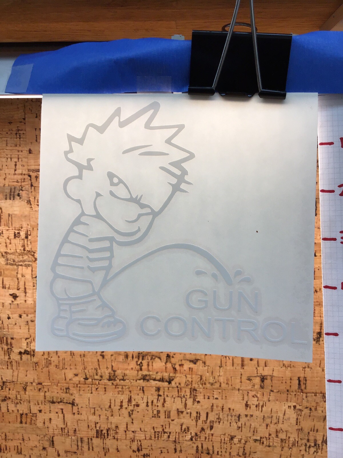 Calvin Pee On Gun Control – White – Vinyl Transfer Decal – Y7-1.65