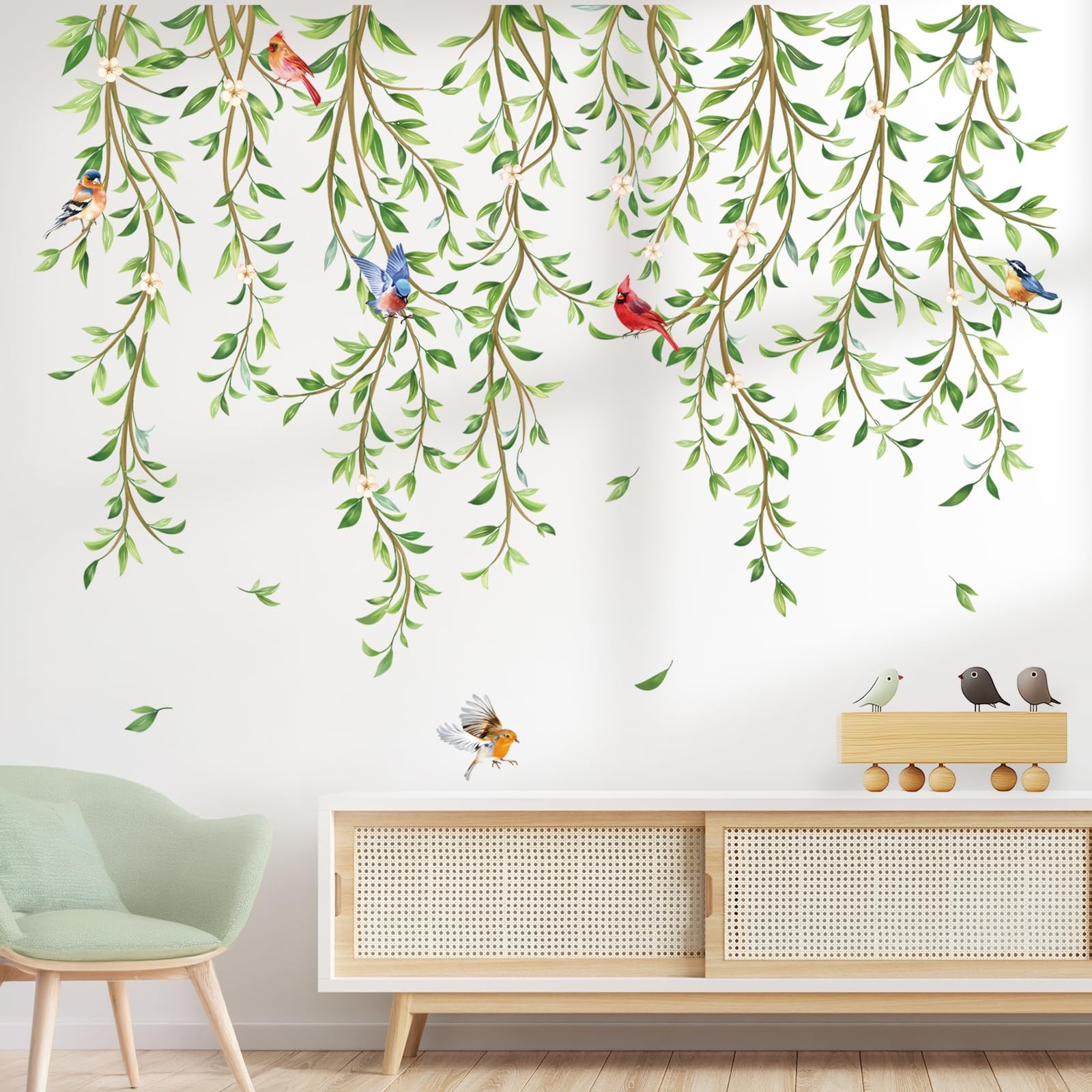 Peel and Stick Green Vine Wall Art Decals for Bedroom and Living Room