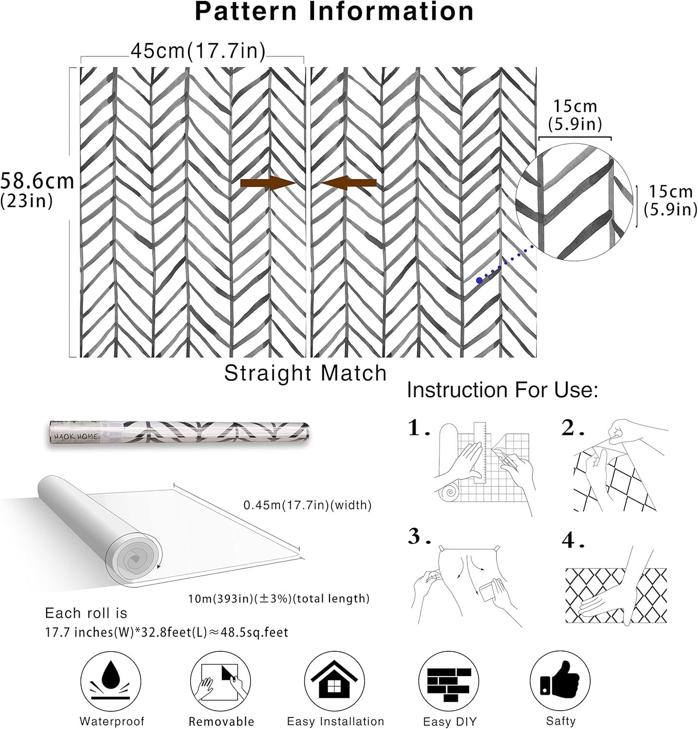 Peel Stick Accent Wallpaper Herringbone Black White Vinyl Removable Modern Chic