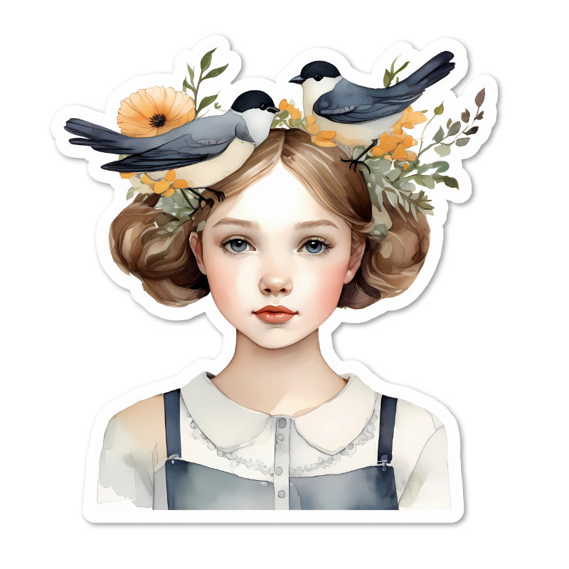 Birds and Girl Vinyl Sticker Water Resistant, Scrapbooking, Laptop, 2 Sizes