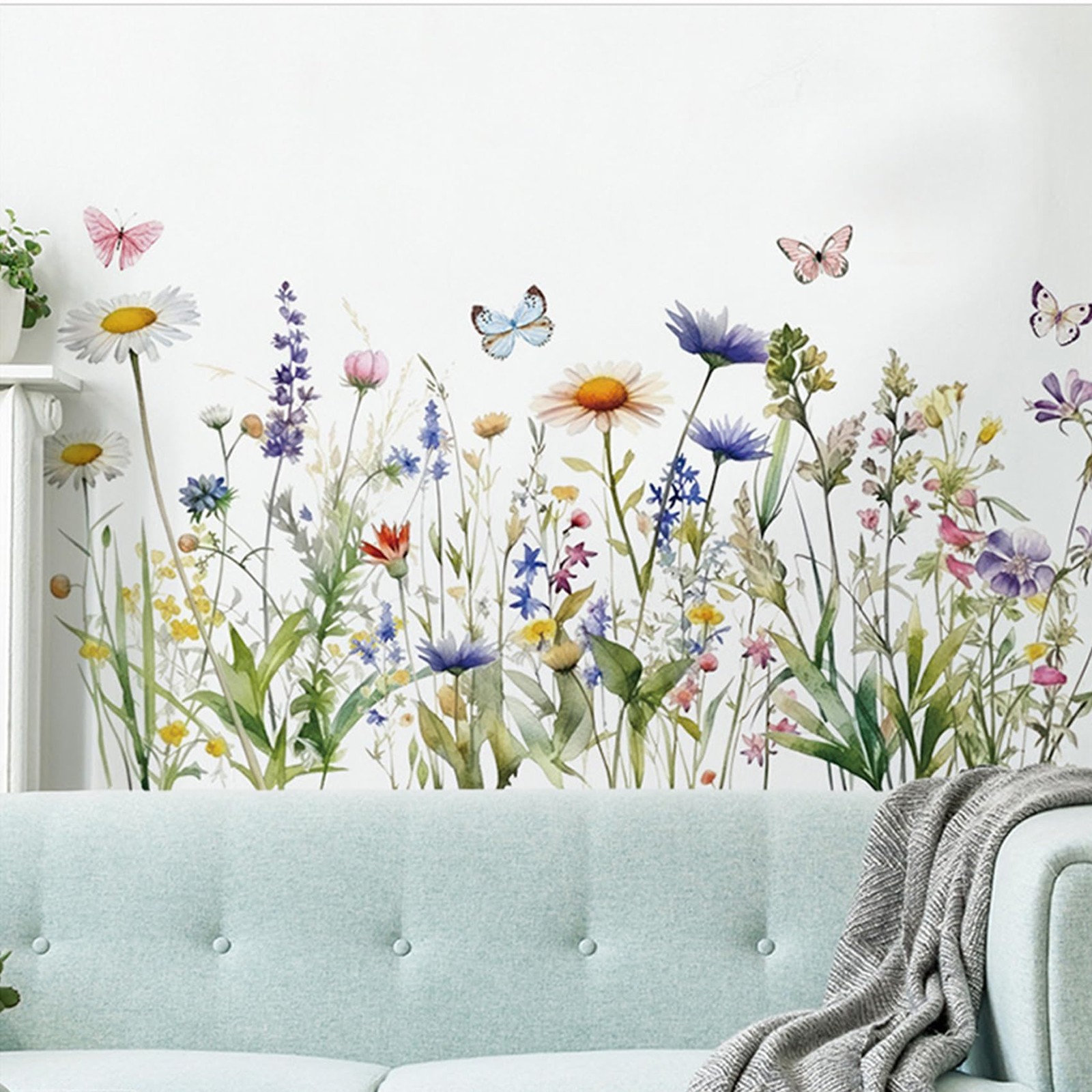 Wildflower Grass Daisy Wall Decals, Garden Floral Butterflies Flower Wall Sti…