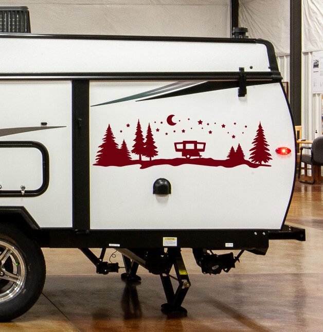 Pop-Up Camper Moon Stars Vinyl Decal – Trees Forest Graphics – Die Cut Sticker