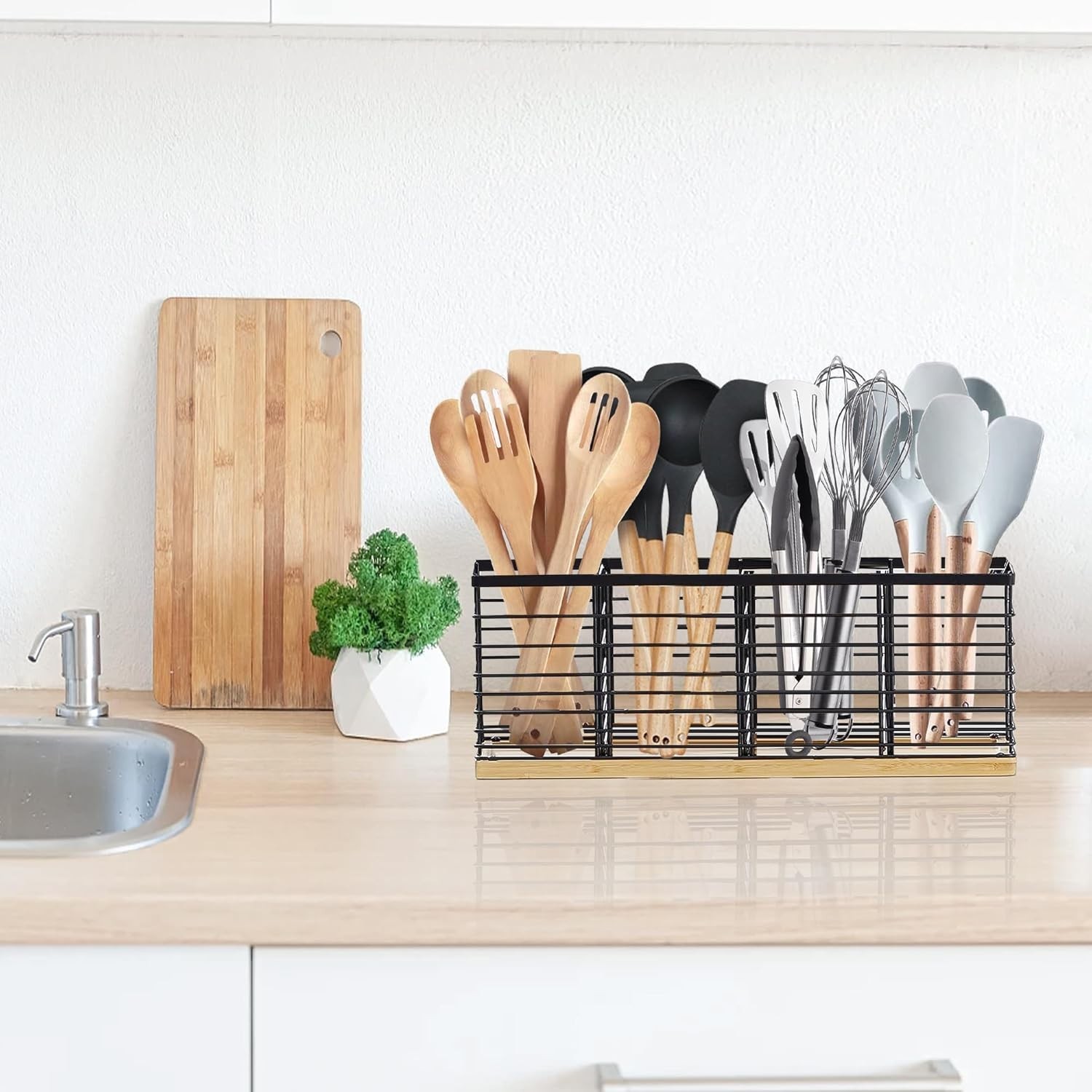 Extra Large Kitchen Utensil Holder with 4 Compartments，Matte Black Metal holder