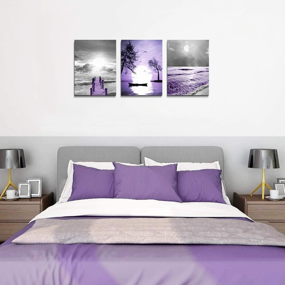 Elegant 3-Piece Framed Canvas Art Set – Modern Landscape in Purple Hues