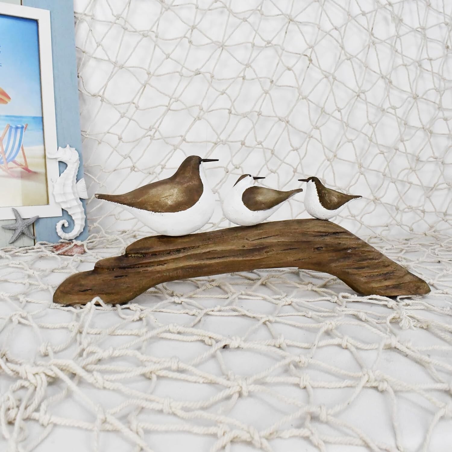 Wooden Sea Bird Statue Seagull On Stand Decor Nautical Coastal Birds Sculpture