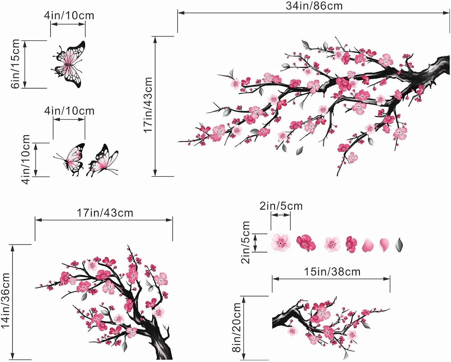 Pink Cherry Blossom Wall Stickers Tree Branch Birds Floral Decals Home Decor