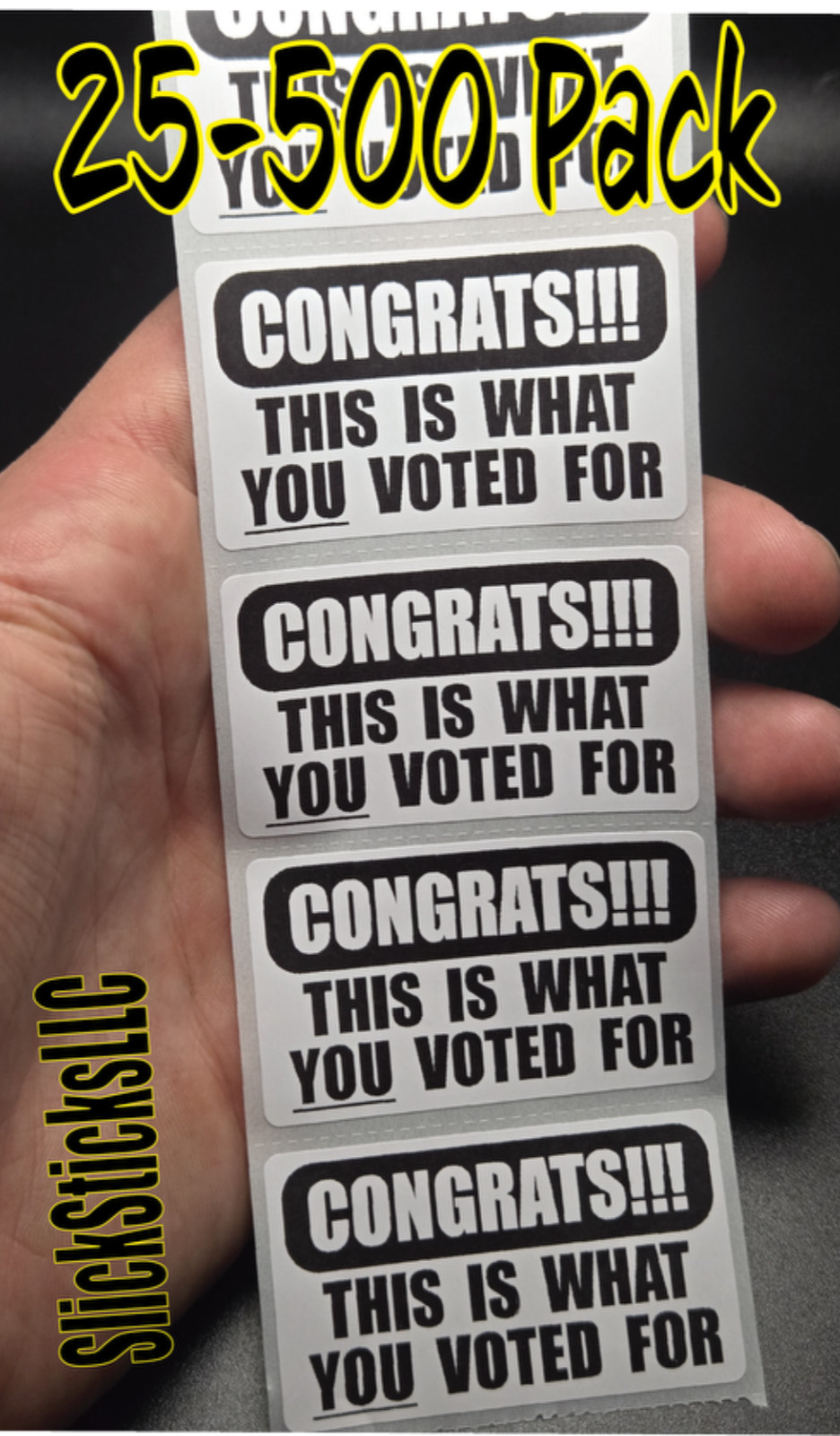 "CONGRATS THIS IS WHAT YOU VOTED FOR" stickers 25- 500 decals labels elon trump