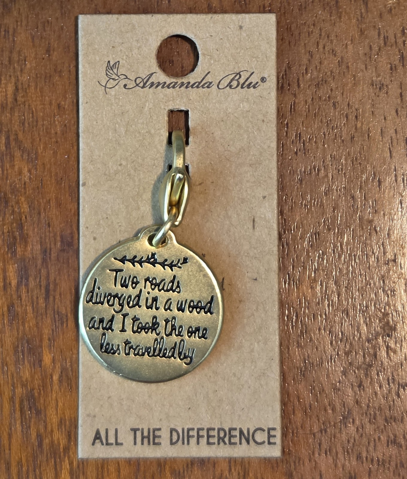NEW Amanda Blu Charm ROBERT FROST Quote …THE ROAD LESS TRAVELLED Gold Tone