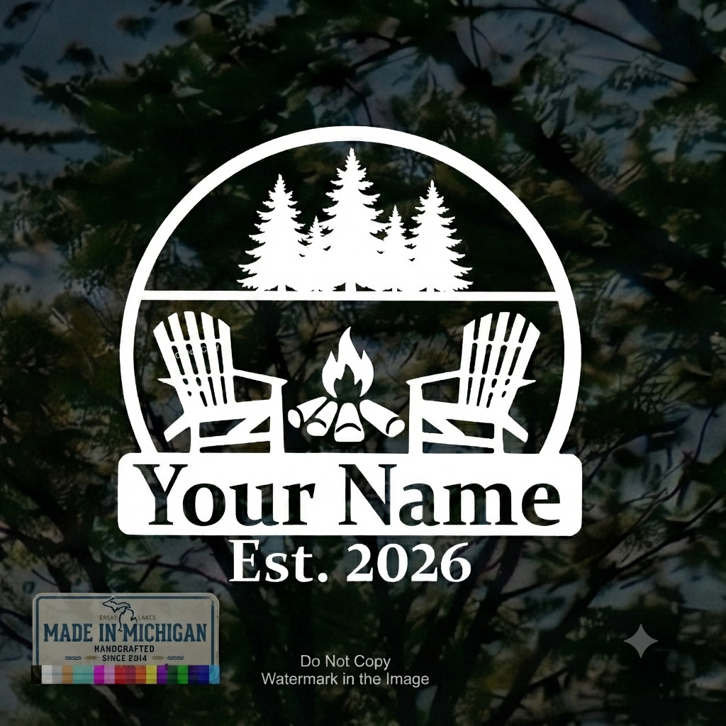 Custom Campfire and Pine Trees Decal Personalized Outdoor Adventure Vinyl Sticke