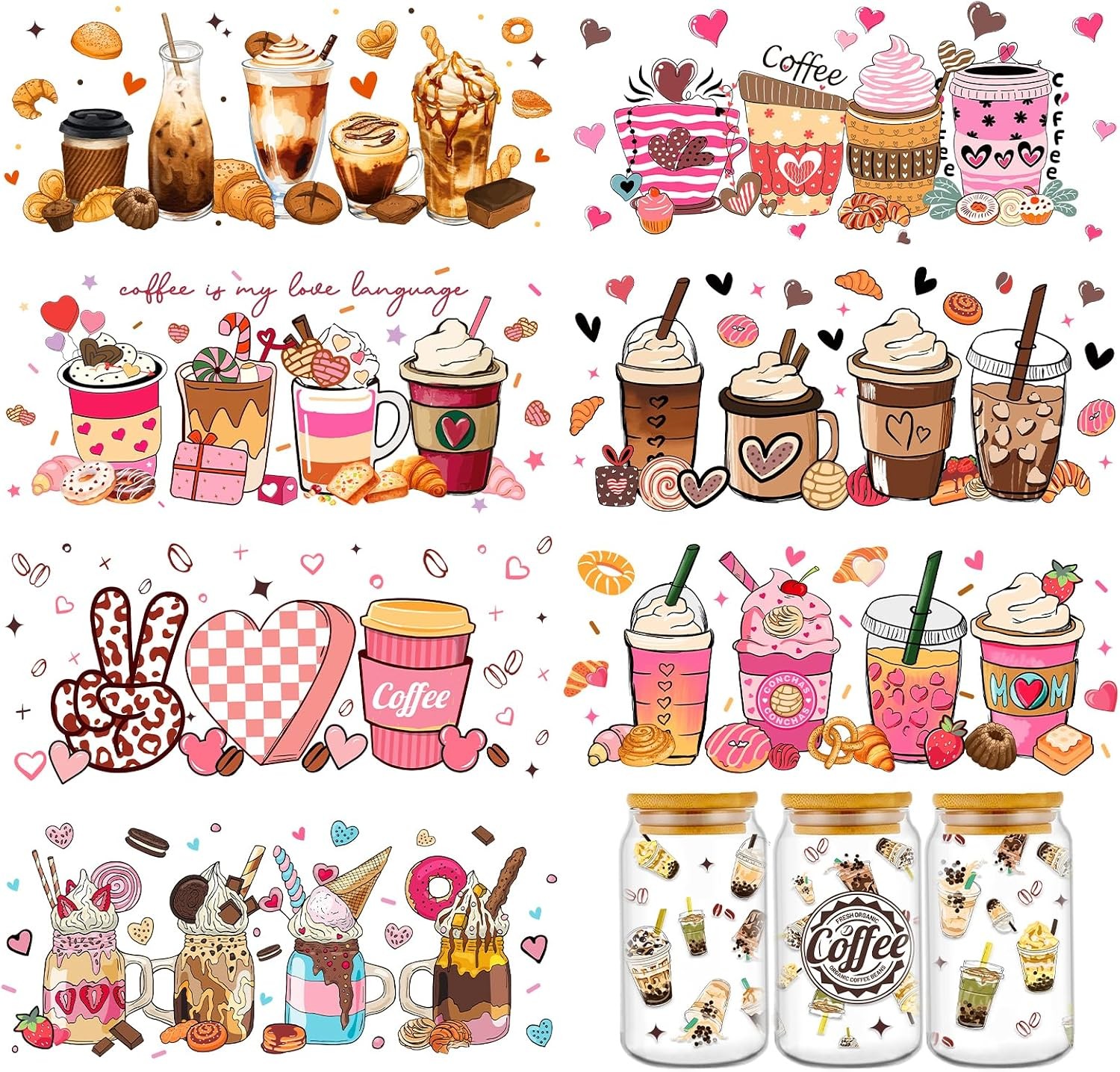 Coffee UV DTF Cup Wraps – 8 Sheets Coffee UVDTF Decals for 16 oz Glass Cups,