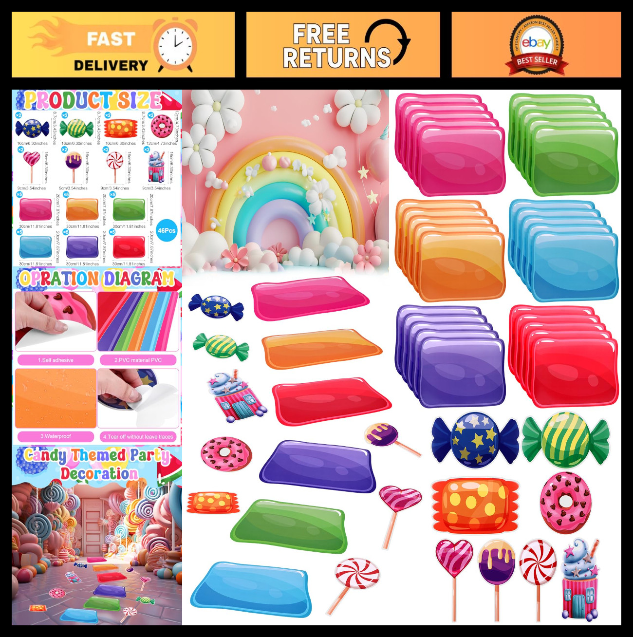 46Pcs Colorful Candyland Floor Stickers – Party Decor, Hallway Runner, Trunk or