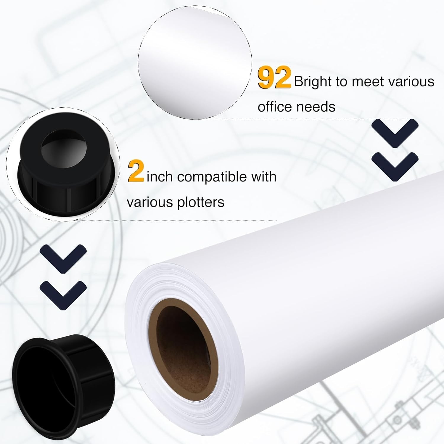Wide Format Paper,4 Rolls Plotter Paper 24 in X 150 Ft, CAD Bond Rolls,20Lb,Bond
