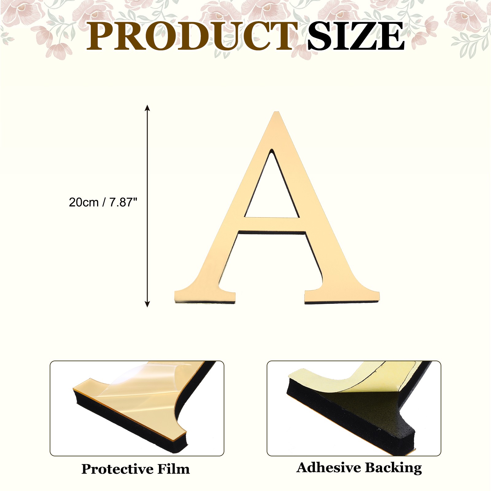 7.87" 3D Acrylic Alphabet Mirror Wall Sticker Letter A, Light Gold