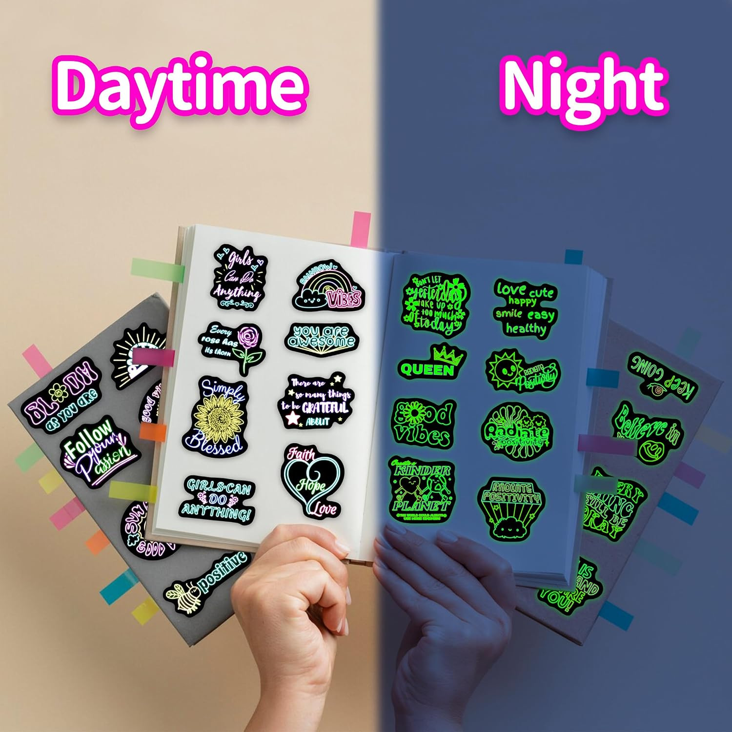 Glow in the Dark Inspirational Quotes Water Bottle Neon Stickers | 50 Pcs, Water