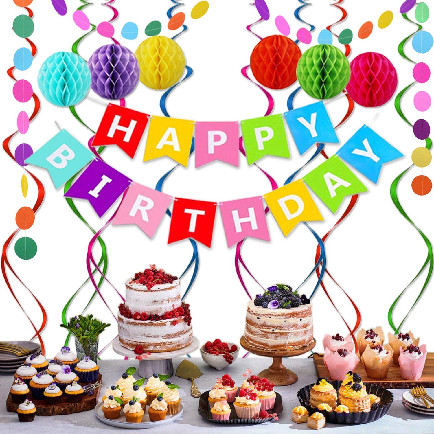 Happy Birthday Banner, Rainbow Birthday Banner, 6 Honeycomb Balls, 8 Metallic…