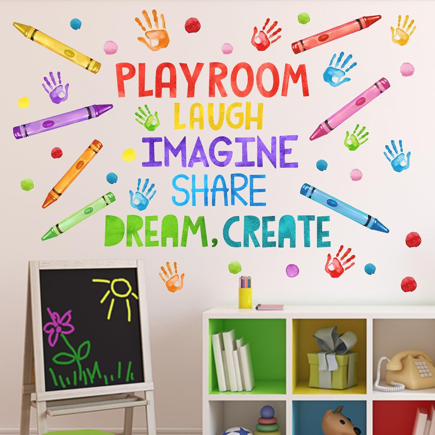 Playroom Wall Decals Stickers, Crayon Handprint Polka Dots Inspirational Quote N
