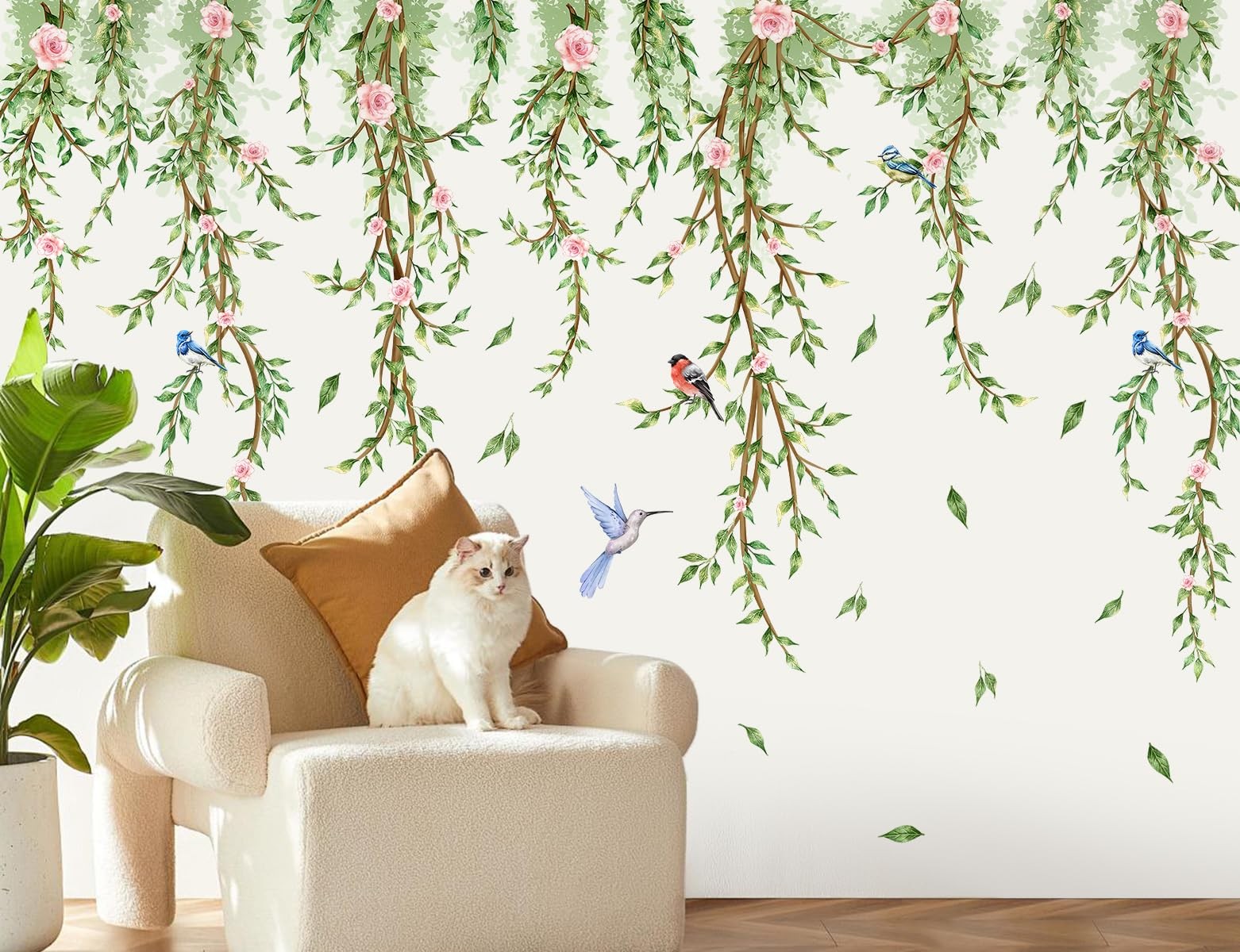 Hanging Vine Wall Decals Removable Birds Green Leaf Wall Stickers Peel and St…