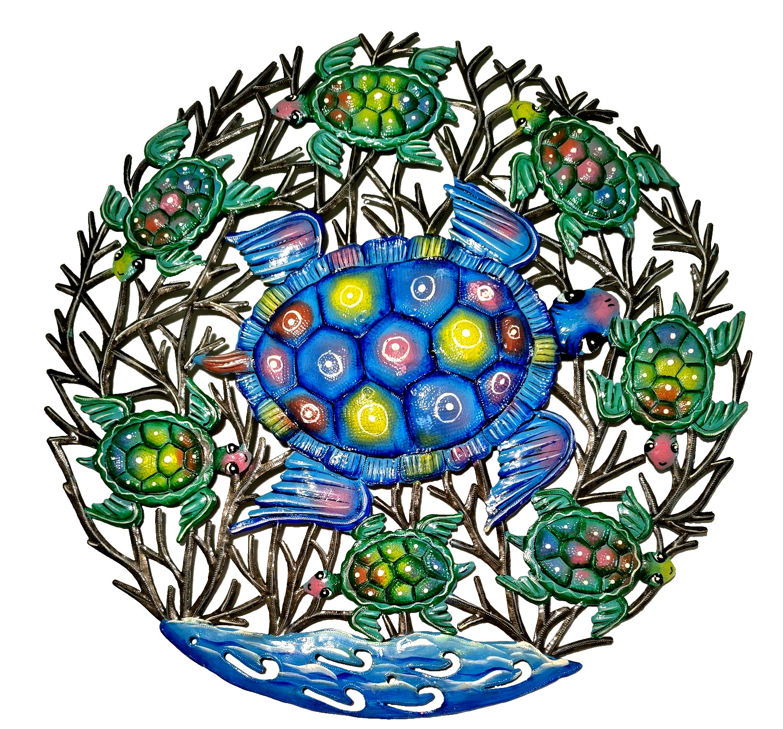 23 inches Antoine- Blue & Turquoise Turtles Hand Made Metal Drum Artwork