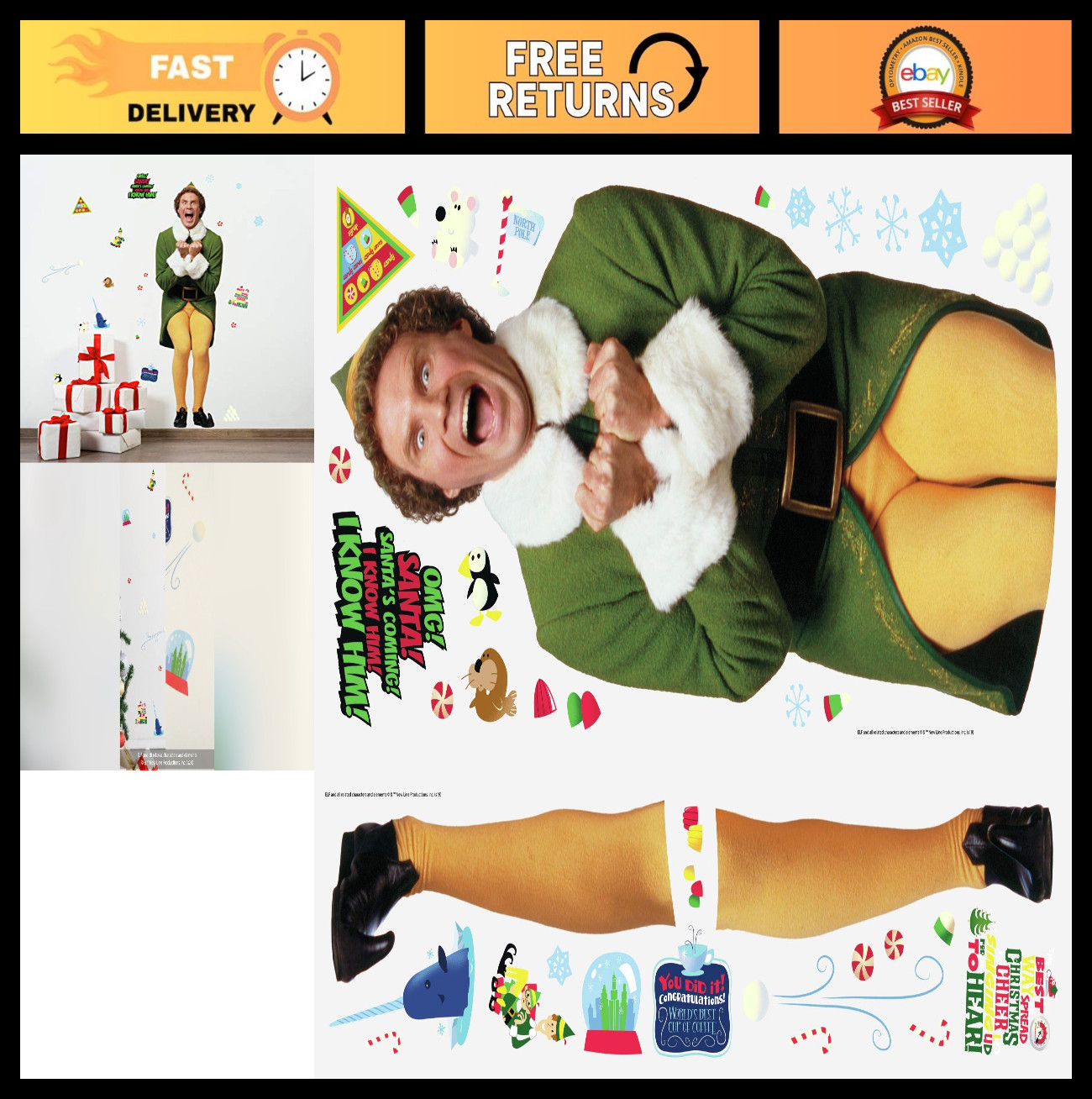 Giant Buddy The Elf Peel and Stick Wall Decals for Kids' Room Decor, Christmas D