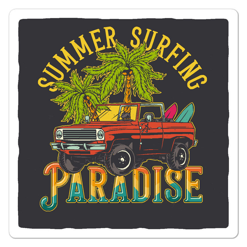 Summer Surfing, Vinyl Decal Sticker, Indoor Outdoor, 3 Sizes, #9614
