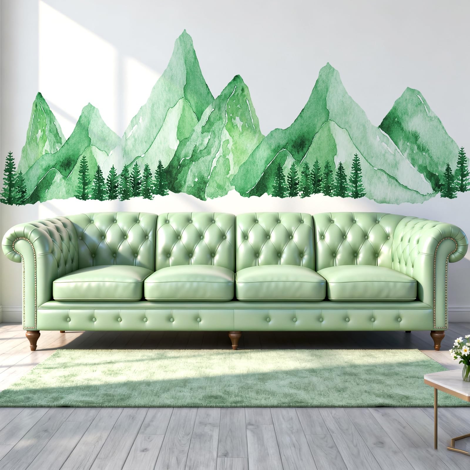 Green Watercolor Mountain Wall Decals Peel and Stick – Scenic Forest Range Mu…